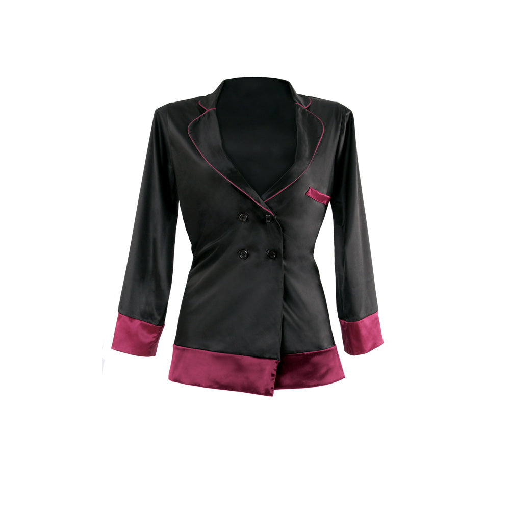 Premiere Marjorie Contrast Cuff Satin Blazer Jacket Black/Berry S/M