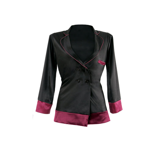 Premiere Marjorie Contrast Cuff Satin Blazer Jacket Black/Berry S/M