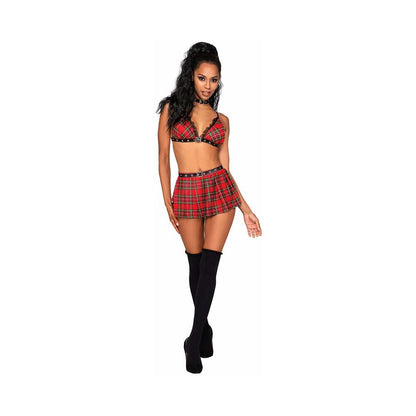 3 pc Detention Hall Hottie Bralette, Mini Skirt & Choker Red Plaid O/S