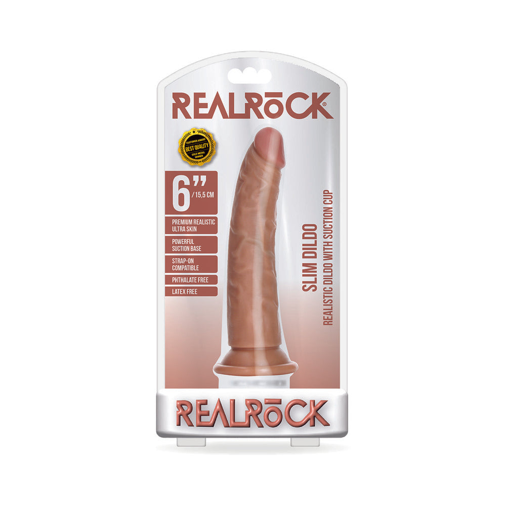 Realrock Slim Realistic Dildo With Suction Cup 6 In. Caramel