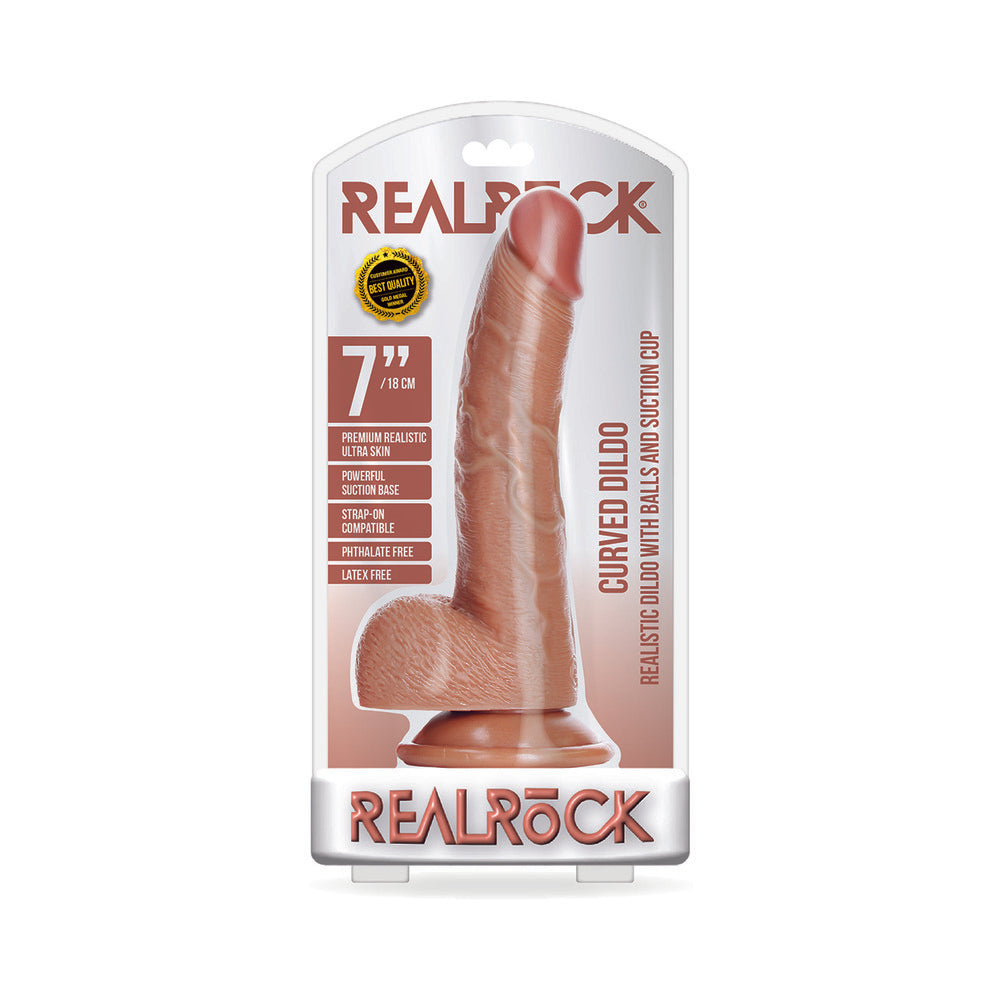 Realrock Curved Realistic Dildo With Balls And Suction Cup 7 In. Tan