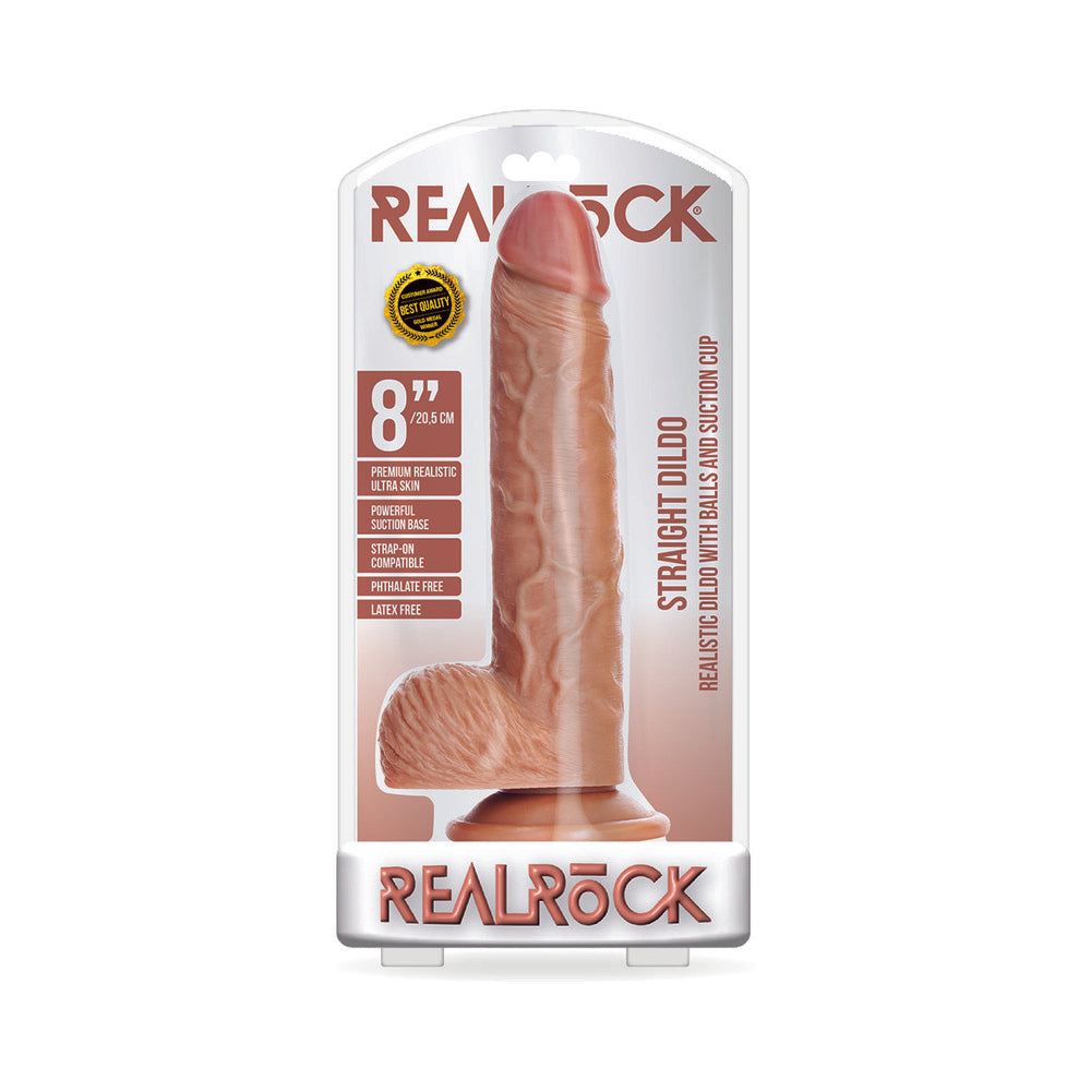 Realrock Straight Realistic Dildo With Balls And Suction Cup 8 In. Tan