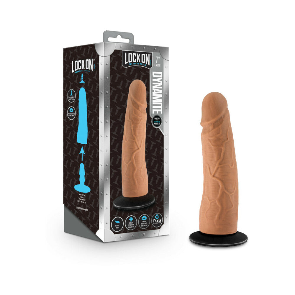 Lock On Dynamite Dildo With Suction Cup Adapter 7 In. Mocha