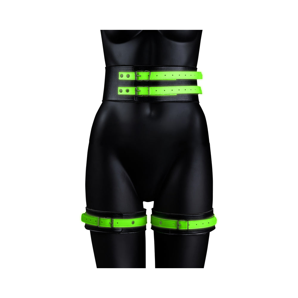 Ouch! Glow Thigh Cuffs, Hand Cuffs & Belt - Glow In The Dark - Green - L/xl