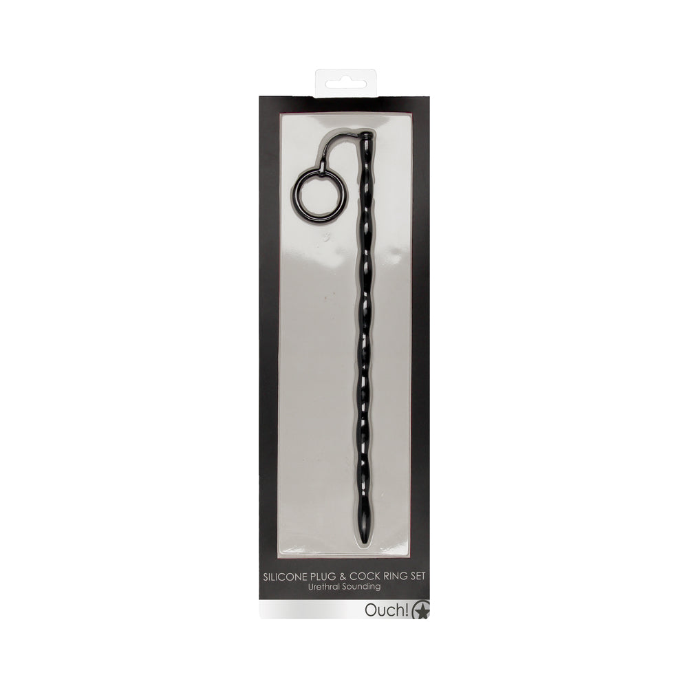 Ouch! Urethral Sounding - Silicone Plug & Cock Ring Set - Black