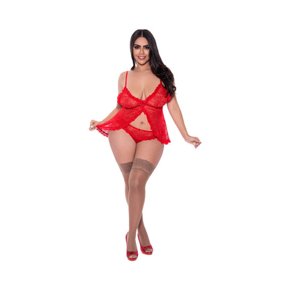 Magic Silk Ooh La Lace Babydoll & Split Crotch Panty Set Red Queen