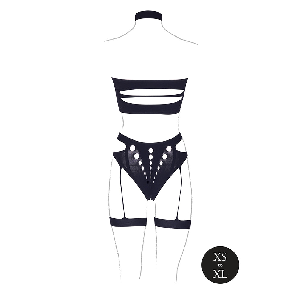 Shots Le Desir Shade Ananke Xii 3-piece With Choker, Bandeau Top & Panty With Garters Black O/s