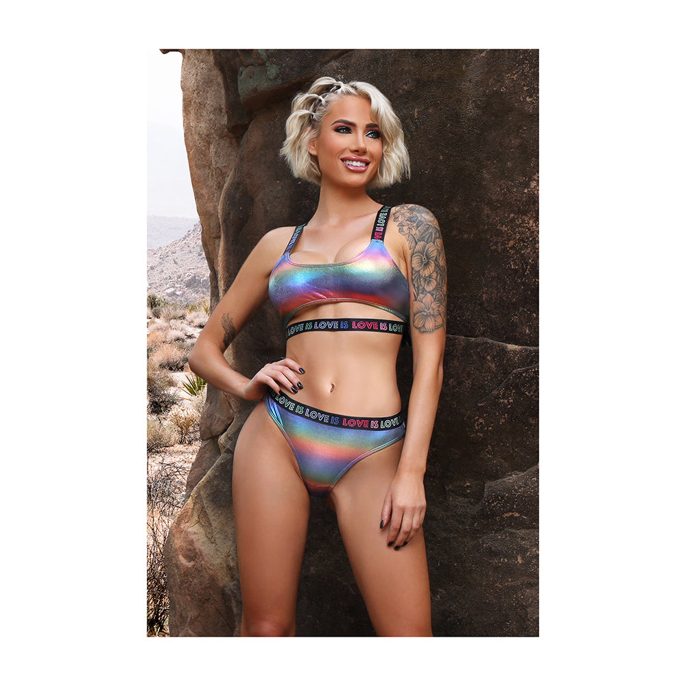 Fantasy Lingerie Vibes Love Is Love Underboob Cut Out Top & Cheeky Panty Rainbow Holo S/m