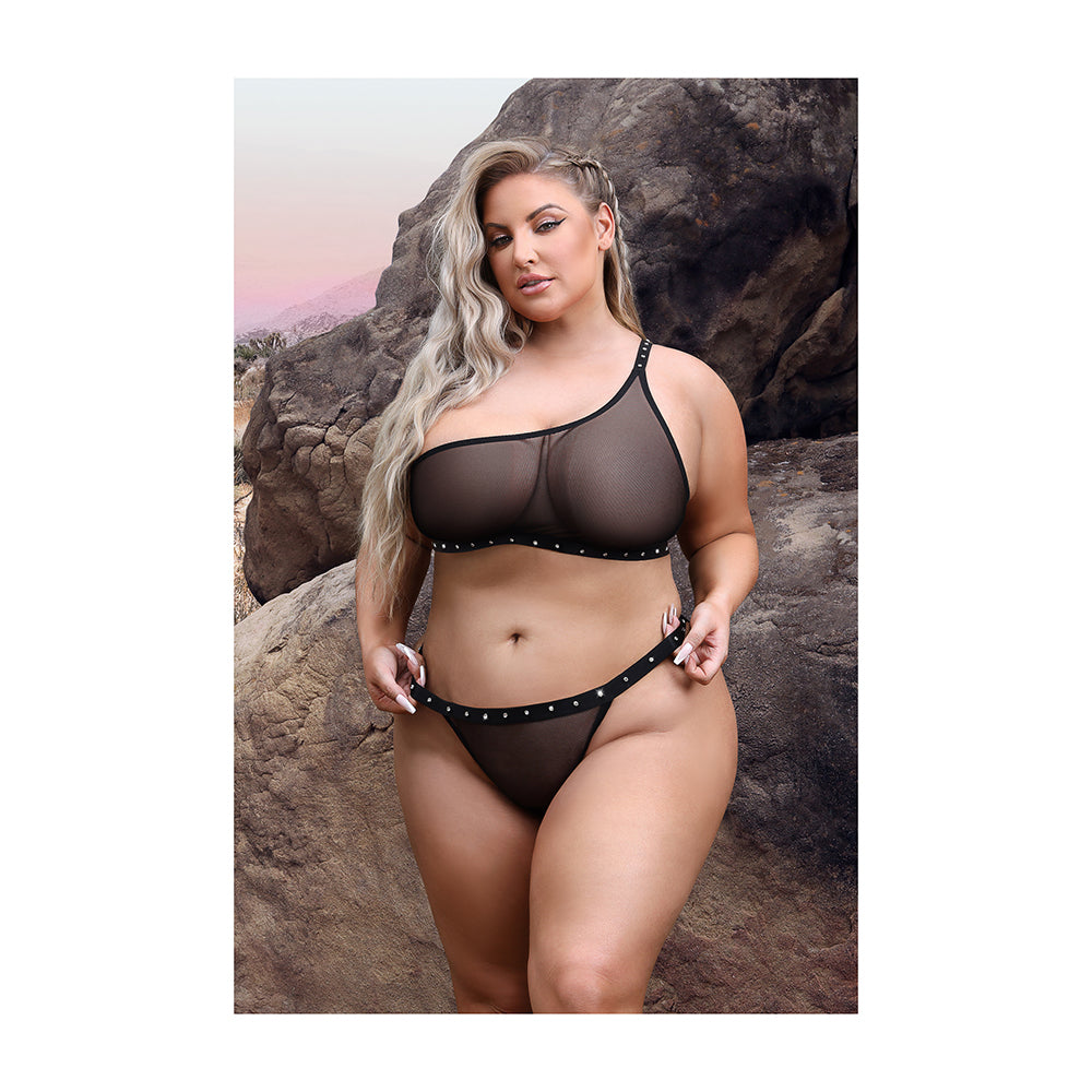 Fantasy Lingerie Vibes Bad Bitch One-shoulder Bling Bralette & Bikini Panty With Rhinestone Letterin