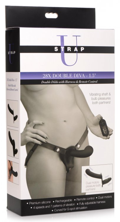 STRAP U 28X DOUBLE DIVA 1.5IN DOUBLE DILDO W/ HARNESS BLACK